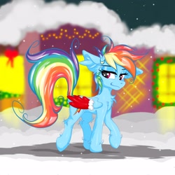 Size: 2500x2500 | Tagged: safe, artist:rurihal, character:rainbow dash, species:pegasus, species:pony, chest fluff, clothing, covering, ear fluff, female, lidded eyes, mare, messy mane, snow, solo, walking, wing covering