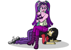 Size: 900x635 | Tagged: safe, artist:pony4koma, character:aria blaze, oc, oc:red soul, my little pony:equestria girls, angry, ariabetes, bare shoulders, breasts, chair, converse, cute, disguise, disguised siren, duo, female, long hair, makeup, male, midriff, pigtails, shoes, sitting, sleeveless, smiling, strapless, tube top, twintails, wristband