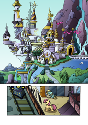 Size: 1204x1700 | Tagged: safe, artist:tarkron, species:pony, comic:the royal sandal, canterlot, canterlot castle, castle, comic, friendship express, no dialogue, outdoors, train, train station, waterfall