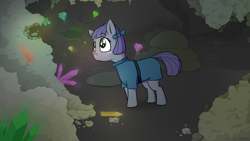 Size: 2560x1440 | Tagged: safe, artist:fuzzypones, character:boulder, character:maud pie, species:pony, blush sticker, blushing, cave, colored, crystal, cute, female, filly, filly maud pie, maudabetes, rock, solo, sparkles, that pony sure does love rocks, younger