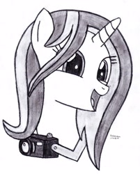 Size: 2453x3053 | Tagged: safe, artist:drchrisman, character:crackle cosette, character:queen chrysalis, species:changeling, camera, changeling queen, disguise, disguised changeling, female, monochrome, solo, traditional art