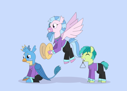 Size: 5057x3626 | Tagged: safe, artist:gd_inuk, character:gallus, character:sandbar, character:silverstream, species:classical hippogriff, species:earth pony, species:griffon, species:hippogriff, species:pony, band uniform, blue background, blushing, clothing, cymbals, eyes closed, flying, gallus is not amused, high res, mouth hold, simple background, sitting, smiling, story included, triangle, unamused
