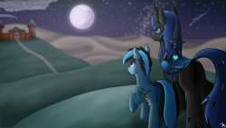 Size: 7680x4320 | Tagged: safe, artist:sevenserenity, oc, oc only, oc:icylightning, oc:queen lahmia, species:changeling, species:pegasus, species:pony, blue changeling, castle, changeling queen, commission, female, hill, moon, shooting star, spear, stars, weapon