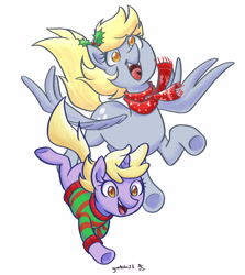 Size: 2276x2550 | Tagged: safe, artist:gintoki23, character:derpy hooves, character:dinky hooves, species:pegasus, species:pony, species:unicorn, christmas, christmas sweater, clothing, colored pupils, cute, derpabetes, dinkabetes, duo, equestria's best daughter, equestria's best mother, female, filly, hair accessory, headcanon, high res, holiday, holly, mare, open mouth, scarf, simple background, sweater, white background