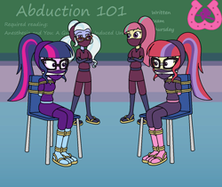 Size: 1234x1036 | Tagged: safe, artist:author92, character:moondancer, character:sour sweet, character:sugarcoat, character:twilight sparkle, character:twilight sparkle (scitwi), species:eqg human, my little pony:equestria girls, alternate costumes, arm behind back, bondage, brightly colored ninjas, cleave gag, clothing, crossed arms, crystal prep academy, female, gag, kunoichi, mask, ninja, rope, rope bondage, sandals, socks, tied to chair