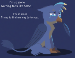 Size: 468x360 | Tagged: safe, alternate version, artist:gd_inuk, editor:gooeybird, character:gallus, species:griffon, alone, beak hold, blue background, chest fluff, crying, cute, feather, lighting, lonely, male, marshmello (artist), sad, sad eyes, sadorable, simple background, song reference