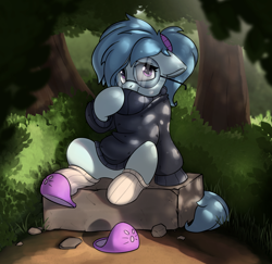 Size: 2570x2497 | Tagged: safe, artist:rexyseven, oc, oc only, oc:whispy slippers, species:earth pony, species:pony, clothing, cute, female, floppy ears, forest, glasses, mare, ocbetes, ponytail, scenery, sitting, slippers, socks, solo, sweater, tree, turtleneck