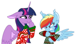 Size: 2149x1235 | Tagged: safe, artist:koloredkat, character:rainbow dash, character:twilight sparkle, character:twilight sparkle (alicorn), species:alicorn, species:pegasus, species:pony, ship:twidash, christmas sweater, clothing, ear fluff, ear tufts, female, lesbian, shipping, simple background, snickering, sweater, transparent background