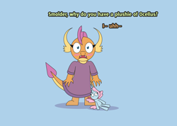Size: 2988x2122 | Tagged: safe, artist:gd_inuk, character:ocellus, character:smolder, species:dragon, blue background, blushing, clothing, crush plush, dialogue, dragoness, fangs, female, high res, implied sandbar, implied smolcellus, looking at you, nightgown, open mouth, plushie, simple background, solo, surprised, wide eyes