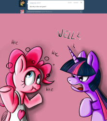 Size: 1024x1152 | Tagged: safe, artist:geneticanomaly, character:pinkie pie, character:twilight sparkle, species:pony, apron, clothing, drunk, drunkie pie, hiccup, onomatopoeia, pinkiepieskitchen