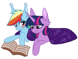 Size: 1025x779 | Tagged: safe, artist:koloredkat, character:rainbow dash, character:twilight sparkle, character:twilight sparkle (alicorn), species:alicorn, species:pegasus, species:pony, ship:twidash, blushing, book, ear tufts, female, lesbian, pillow, shipping, simple background, transparent background