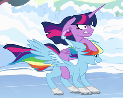 Size: 2048x1638 | Tagged: safe, artist:koloredkat, character:rainbow dash, character:twilight sparkle, character:twilight sparkle (alicorn), species:alicorn, species:pegasus, species:pony, ship:twidash, female, ice, ice skating, lesbian, mare, missing cutie mark, ponies riding ponies, riding, shipping, snow, winter