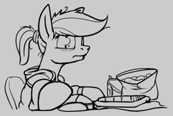 Size: 806x537 | Tagged: safe, artist:dacaoo, character:rainbow dash, alternate hairstyle, chips, clothing, computer mouse, female, food, hoodie, keyboard, monochrome, ponytail, soda can, solo