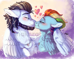 Size: 1120x893 | Tagged: safe, artist:malinraf1615, character:rainbow dash, character:soarin', species:pegasus, species:pony, ship:soarindash, abstract background, beard, boop, eyes closed, facial hair, female, floppy ears, heart, jewelry, male, mare, necklace, noseboop, obtrusive watermark, older, older rainbow dash, older soarin', ring, shipping, stallion, straight, watermark, wedding ring