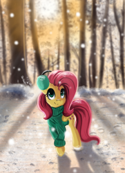 Size: 1368x1892 | Tagged: safe, artist:qbellas, character:fluttershy, species:pegasus, species:pony, bottomless, clothing, cute, earmuffs, female, folded wings, looking up, mare, outdoors, partial nudity, shyabetes, smiling, snow, snowfall, solo, standing, sweater, sweatershy, tree, wings, winter, winter outfit