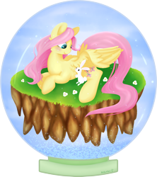 Size: 1772x2000 | Tagged: safe, artist:hirundoarvensis, character:angel bunny, character:fluttershy, species:pegasus, species:pony, species:rabbit, animal, blushing, cute, fake snow, female, floating island, mare, shyabetes, simple background, snow globe, snowglobe pony, transparent background
