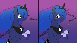 Size: 2560x1440 | Tagged: safe, artist:fuzzypones, character:princess luna, species:alicorn, species:pony, blep, blush sticker, blushing, cute, female, gradient background, it chrismas, lunabetes, merry christmas, silly, solo, tongue out