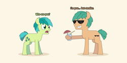 Size: 4629x2295 | Tagged: safe, artist:gd_inuk, character:sandbar, species:earth pony, species:pony, cup, duo, high res, hoof hold, juice, lemonade, male, round trip, simple background, smug, straw, sunblind, sunglasses, yellow background