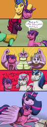 Size: 1400x3733 | Tagged: safe, artist:azurllinate, character:fizzlepop berrytwist, character:flash sentry, character:princess flurry heart, character:shining armor, character:spike, character:tempest shadow, character:twilight sparkle, character:twilight sparkle (alicorn), oc, oc:dazzle shield, oc:prince dazzle shield, oc:spiral twinkle, parent:flash sentry, parent:rarity, parent:spike, parent:twilight sparkle, parents:flashlight, parents:sparity, species:alicorn, species:dracony, species:dragon, species:pegasus, species:pony, species:unicorn, next gen:futurehooves, ship:flashlight, adult, adult spike, alicorn oc, armpits, arms out, aunt fizzie, black eye, book, broken horn, bruised, clothing, comic strip, dialogue, eyes closed, family, female, flexing, futurehooves, head rub, hoof touching, horn, hybrid, interspecies, interspecies offspring, making faces, male, mama twilight, multicolored hair, muscular male, next generation, offspring, older, older spike, older twilight, reading, shipping, showing teeth, smiling, speech, speech bubble, straight, text, when we were very young, wing blanket