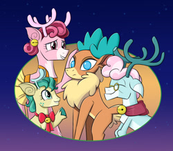 Size: 1200x1050 | Tagged: safe, artist:mew-me, community related, character:alice, character:aurora, character:bori, character:velvet reindeer, species:deer, species:reindeer, them's fightin' herds, episode:best gift ever, g4, my little pony: friendship is magic, cute, eyes closed, female, no pupils, smiling