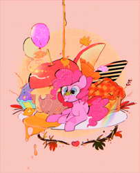 Size: 2048x2520 | Tagged: safe, artist:poneko-chan, character:pinkie pie, species:earth pony, species:pony, abstract background, apple, balloon, blep, cupcake, cute, diapinkes, female, flower, food, heart, high res, honey, leaf, mare, pie, pixiv, ponies in food, prone, solo, tongue out