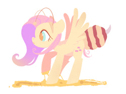 Size: 1201x901 | Tagged: safe, artist:poneko-chan, character:fluttershy, species:pegasus, species:pony, animal costume, bee, bee costume, clothing, colored pupils, costume, cute, female, flutterbee, food, honey, insect, mare, pixiv, profile, shyabetes, simple background, solo, spread wings, white background, wings