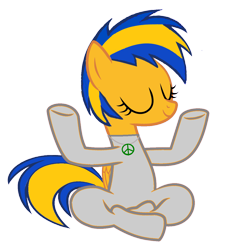 Size: 1172x1225 | Tagged: safe, artist:mlpfan3991, base used, oc, oc only, oc:flare spark, species:pegasus, species:pony, bodysuit, catsuit, cute, eyes closed, fantasy class, female, hippie, jewelry, latex, latex suit, lotus position, meditation, necklace, peace suit, peace symbol, peaceful, rubber suit, simple background, smiling, solo, transparent background, warrior