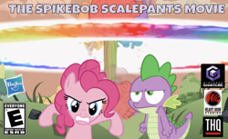 Size: 642x392 | Tagged: safe, artist:dipi11, artist:nethear, edit, edited screencap, editor:undeadponysoldier, screencap, character:pinkie pie, character:spike, species:dragon, species:earth pony, species:pony, series:spikebob scalepants, episode:lesson zero, g4, my little pony: friendship is magic, angry, badass, box art, cool guys don't look at explosions, duo, explosion, female, gamecube, gamecube logo, hasbro, hasbro logo, heavy iron studios, heavy iron studios logo, male, mare, nuclear explosion, rainbow explosion, rated e, serious, serious face, spongebob squarepants, the spongebob squarepants movie, the spongebob squarepants movie video game, thq, thq logo