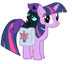 Size: 1101x979 | Tagged: safe, artist:bronyboy, character:twilight sparkle, character:twilight sparkle (unicorn), oc, oc:nyx, species:alicorn, species:pony, species:unicorn, fanfic:past sins, alicorn oc, duo, fanfic art, female, filly, foal, horn, mare, ponies riding ponies, riding, saddle bag, slit pupils, wings