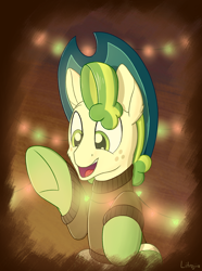 Size: 1850x2480 | Tagged: safe, artist:litrojia, character:pistachio, species:earth pony, species:pony, episode:best gift ever, g4, my little pony: friendship is magic, abstract background, christmas, clothing, hat, hearth's warming, holiday, led, lights, male, open mouth, raised hoof, raised leg, sitting, smiling, socks, solo, stallion, sweater