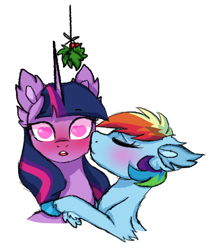 Size: 1168x1392 | Tagged: safe, artist:koloredkat, character:rainbow dash, character:twilight sparkle, species:pony, ship:twidash, blushing, christmas, ear fluff, female, heart eyes, holiday, holly, holly mistaken for mistletoe, lesbian, shipping, simple background, white background, wingding eyes
