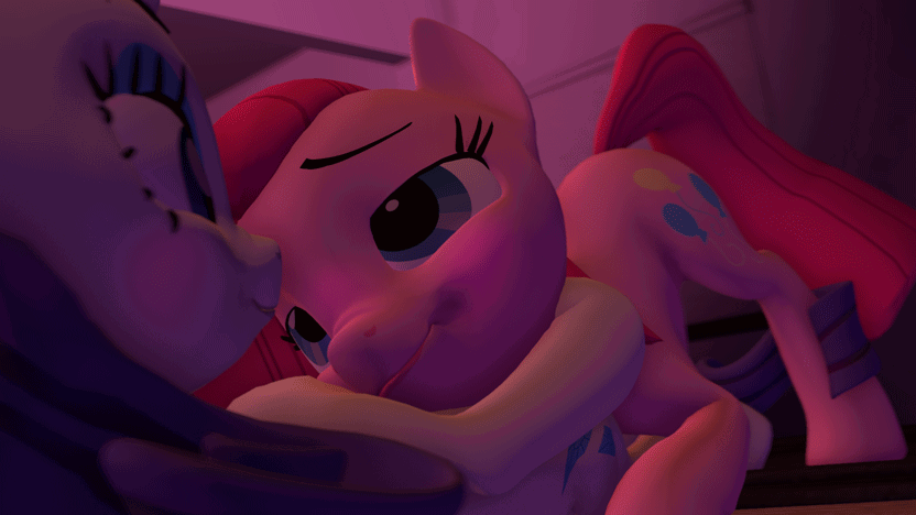 Size: 832x468 | Tagged: safe, artist:hellhounds04, artist:shelbysaucy, character:pinkie pie, character:rarity, ship:raripie, 3d, animated, blushing, butt shake, cute, female, gif, lesbian, lidded eyes, looking at each other, shipping, source filmmaker, tail wag