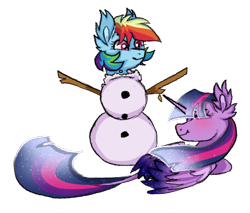 Size: 1361x1160 | Tagged: safe, artist:koloredkat, character:rainbow dash, character:twilight sparkle, character:twilight sparkle (alicorn), species:alicorn, species:pegasus, species:pony, ship:twidash, amused, blushing, chibi, colored wings, cute, dashabetes, ear fluff, female, flowing mane, gradient hair, gradient wings, lesbian, mare, shipping, simple background, smiling, snow, snowman, sparkly mane, sparkly wings, transparent background, wings