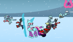 Size: 1510x870 | Tagged: safe, artist:author92, character:princess cadance, species:alicorn, species:earth pony, species:pony, alternate costumes, armor, brightly colored ninjas, clothing, crystal empire, crystal guard, crystal guard armor, female, fight, guard, helmet, kick, kicking, kunoichi, magic, mare, mask, mind control, naginata, ninja, pounce, rope, snow, sombra soldier, telekinesis, weapon