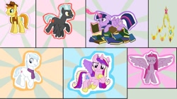 Size: 1024x574 | Tagged: safe, artist:diana173076, character:braeburn, character:double diamond, character:pinkamena diane pie, character:pinkie pie, character:princess cadance, character:thunderlane, character:twilight sparkle, character:twilight sparkle (alicorn), species:alicorn, species:pony, alicornified, alternate mane six, big crown thingy, book, book nest, element of generosity, element of honesty, element of kindness, element of laughter, element of loyalty, element of magic, elements of harmony, jewelry, pinkamenacorn, pinkiecorn, race swap, regalia, swapped cutie marks