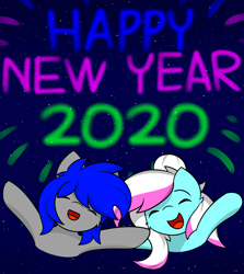 Size: 2050x2300 | Tagged: safe, artist:llhopell, oc, oc:hope(llhopell), oc:soffy, species:earth pony, species:pegasus, species:pony, 2020, fireworks, happy, happy new year, happy new year 2020, hoffy, holiday