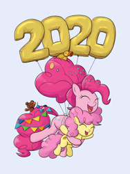 Size: 1200x1600 | Tagged: safe, artist:mew-me, character:li'l cheese, character:pinkie pie, species:earth pony, species:pony, episode:the last problem, g4, my little pony: friendship is magic, 2020, balloon, blue background, candy, colt, eyes closed, female, floating, flying, food, happy, happy new year, happy new year 2020, holiday, lollipop, male, mare, mother and son, new years eve, older, older pinkie pie, rubber duck, simple background, smiling, teddy bear, then watch her balloons lift her up to the sky