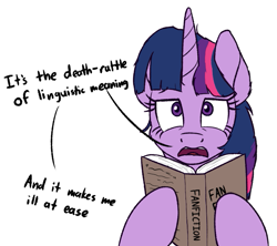 Size: 727x647 | Tagged: safe, artist:litrojia, character:twilight sparkle, character:twilight sparkle (unicorn), species:pony, species:unicorn, /mlp/, 4chan, book, dialogue, drawthread, fanfic, female, funny, funny as hell, looking at you, mare, meme, offended, open mouth, simple background, solo, uneasy, white background