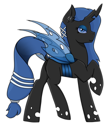 Size: 2636x3000 | Tagged: safe, artist:sevenserenity, oc, oc only, oc:queen lahmia, species:changeling, 2020 community collab, derpibooru community collaboration, accessories, blue changeling, changeling queen, changeling queen oc, double helix, female, hairpin, piercing, simple background, solo, transparent background