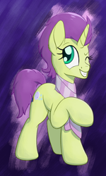 Size: 1200x2000 | Tagged: safe, artist:litrojia, oc, oc only, oc:sky spark, species:pony, species:unicorn, abstract background, clothing, female, looking at you, mare, raised hoof, raised leg, scarf, smiling, solo