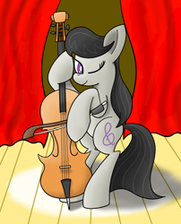Size: 1328x1640 | Tagged: safe, artist:notadeliciouspotato, character:octavia melody, species:earth pony, species:pony, bipedal, cello, curtains, female, mare, musical instrument, one eye closed, smiling, solo, spotlight, stage