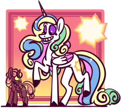 Size: 1280x1139 | Tagged: safe, artist:spudsmcfrenzy, character:princess celestia, oc, oc:eclipse, species:alicorn, species:pony, purple sclera, size difference