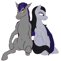 Size: 2200x2200 | Tagged: safe, artist:grypher, artist:stoopedhooy, oc, oc only, oc:night patrol, oc:shakes heartwood, species:bat pony, species:earth pony, species:pony, 2020 community collab, derpibooru community collaboration, bat pony oc, bat wings, belly button, duo, hug, looking at you, simple background, sitting, spread legs, spread wings, spreading, transparent background, wings