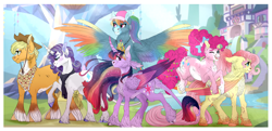 Size: 3636x1753 | Tagged: safe, artist:loladotz, character:applejack, character:fluttershy, character:pinkie pie, character:rainbow dash, character:rarity, character:twilight sparkle, character:twilight sparkle (alicorn), species:alicorn, species:classical unicorn, species:pony, species:unicorn, episode:the last problem, g4, my little pony: friendship is magic, cloven hooves, colored wings, group shot, leonine tail, mane six, older, older applejack, older fluttershy, older mane six, older pinkie pie, older rainbow dash, older rarity, older twilight, redesign, school of friendship, twilight's castle, unshorn fetlocks, wings