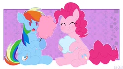 Size: 1150x650 | Tagged: safe, artist:ch-chau, character:pinkie pie, character:rainbow dash, species:earth pony, species:pegasus, species:pony, :t, abstract background, cotton candy, cute, dashabetes, diapinkes, duo, eating, eyes closed, female, mare, open mouth, sitting