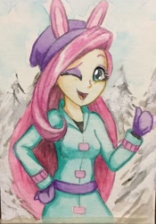 Size: 768x1098 | Tagged: safe, artist:astevenamedwolf, character:fluttershy, equestria girls:holidays unwrapped, g4, my little pony: equestria girls, my little pony:equestria girls, spoiler:eqg series (season 2), clothing, cute, female, one eye closed, shyabetes, solo, traditional art, winter, winter outfit