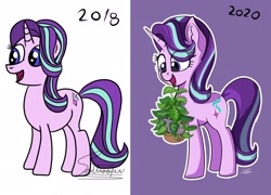 Size: 1920x1383 | Tagged: safe, artist:sadtrooper, character:phyllis, character:starlight glimmer, species:pony, species:unicorn, episode:a horse shoe-in, g4, my little pony: friendship is magic, 2018 vs 2020, comparison, cute, draw this again, eye clipping through hair, female, glimmerbetes, high res, mare, open mouth, plant, purple background, redraw, simple background, smiling, solo