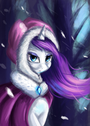Size: 1189x1668 | Tagged: safe, artist:qbellas, character:rarity, species:pony, species:unicorn, beautiful, clothing, coat, female, mare, snow, snowfall, solo, tree