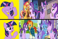 Size: 1280x871 | Tagged: safe, artist:mlpfan3991, edit, edited screencap, screencap, character:starlight glimmer, character:sunburst, character:sunset shimmer, character:trixie, character:twilight sparkle, character:twilight sparkle (alicorn), species:alicorn, species:pony, ship:shimmerglimmer, ship:starburst, ship:startrix, ship:twistarlight, episode:the cutie map, episode:to where and back again, equestria girls:mirror magic, g4, my little pony: equestria girls, my little pony: friendship is magic, my little pony:equestria girls, spoiler:eqg specials, female, hotline bling, lesbian, male, meme, shipping, straight, trixie's wagon, wrong aspect ratio