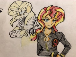 Size: 4032x3024 | Tagged: safe, artist:ponime11, character:sunset shimmer, species:anthro, my little pony:equestria girls, clothing, cosplay, costume, female, gold experience, human anthrodox, jojo's bizarre adventure, solo, stand, traditional art